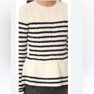 Talbots- Peplum Long Sleeve Striped Cable Sweater, Ivory/Navy, Size LP